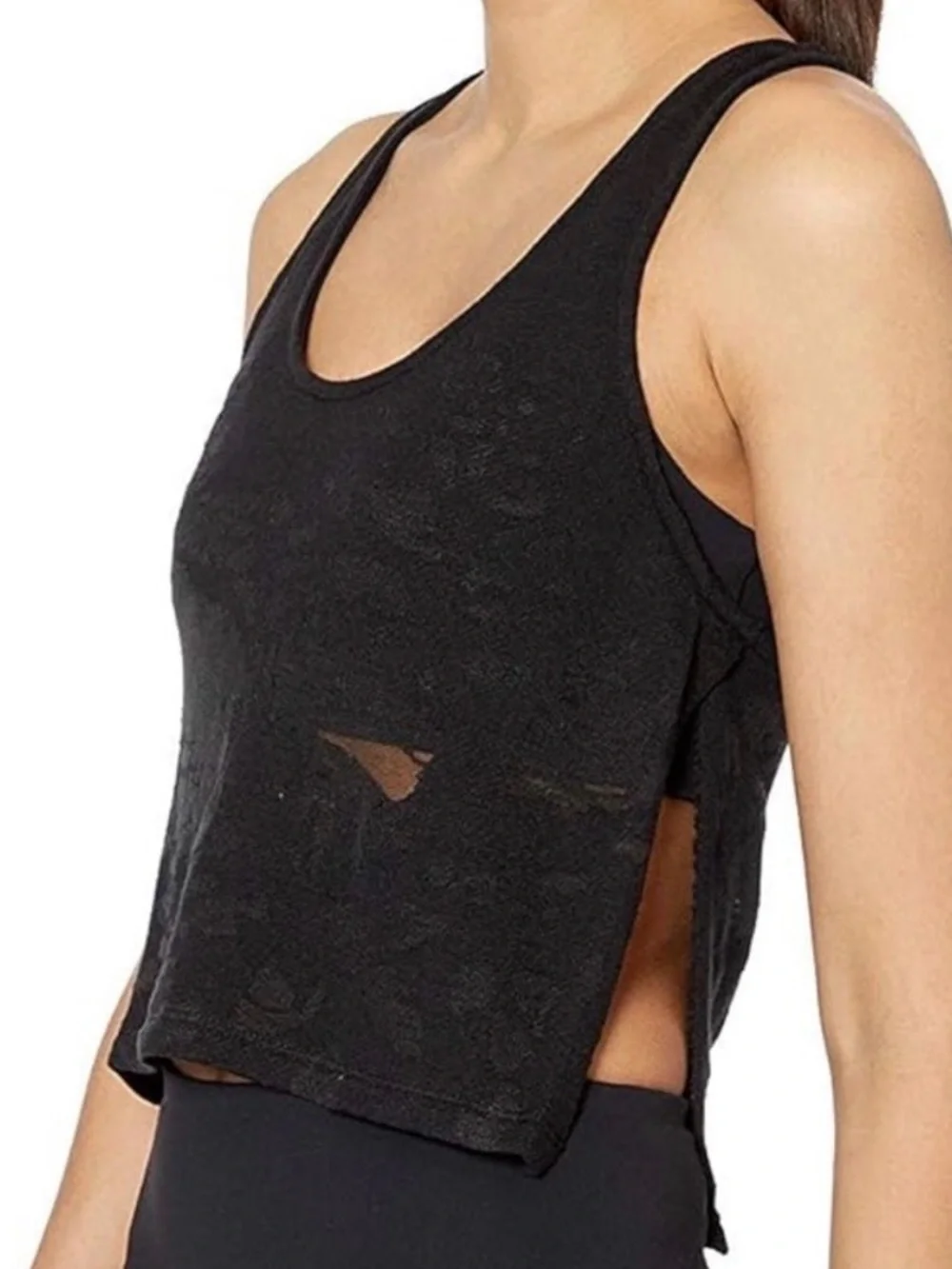 Alo Yoga Black Distressed Terrycloth Racerback Tank Top Athleisure Crop